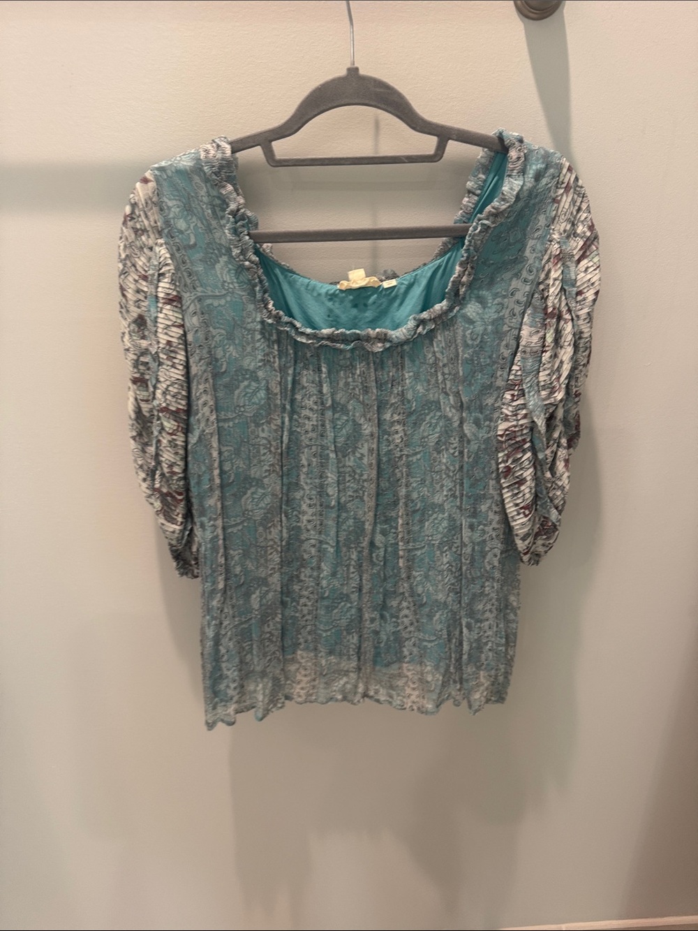 Anthropologie Teal Lace Peasant Blouse with Patterned Sleeves